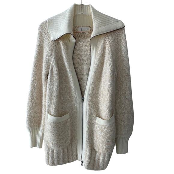 Anthropologie Furry Knit Zip Cardigan Sweater Jacket Ivory Small - Picture 3 of 8